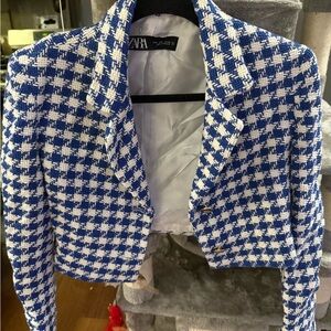 Zara Women's Blue and White Checkered Blazer